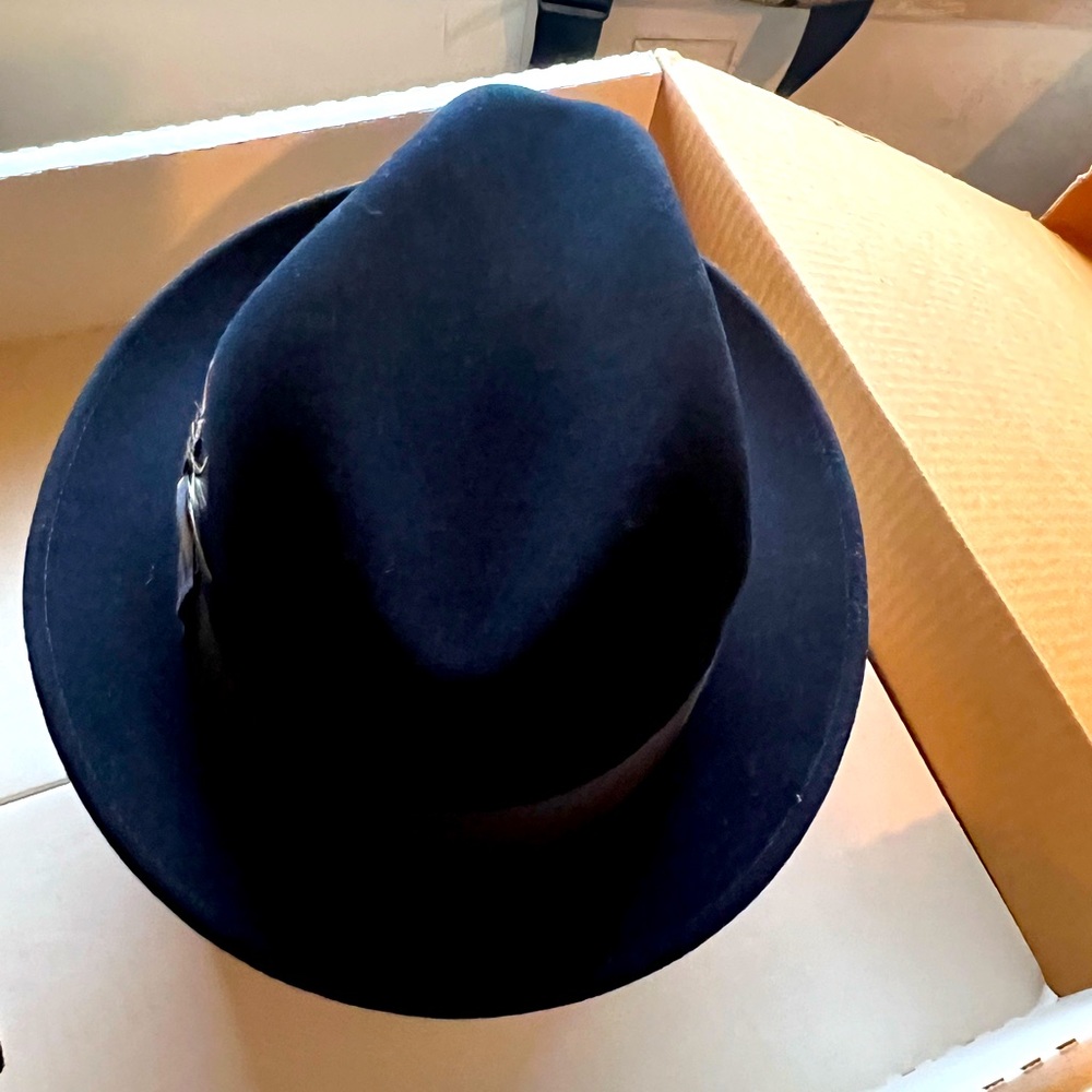 BLACK FRIDAY SALE-Men’s Blue Wool dress hat with satin ribbon and feather